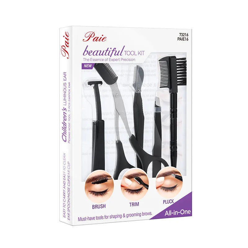 Black eyebrow trimmer set with stainless steel blade and compact 14x10x2cm dimensions
