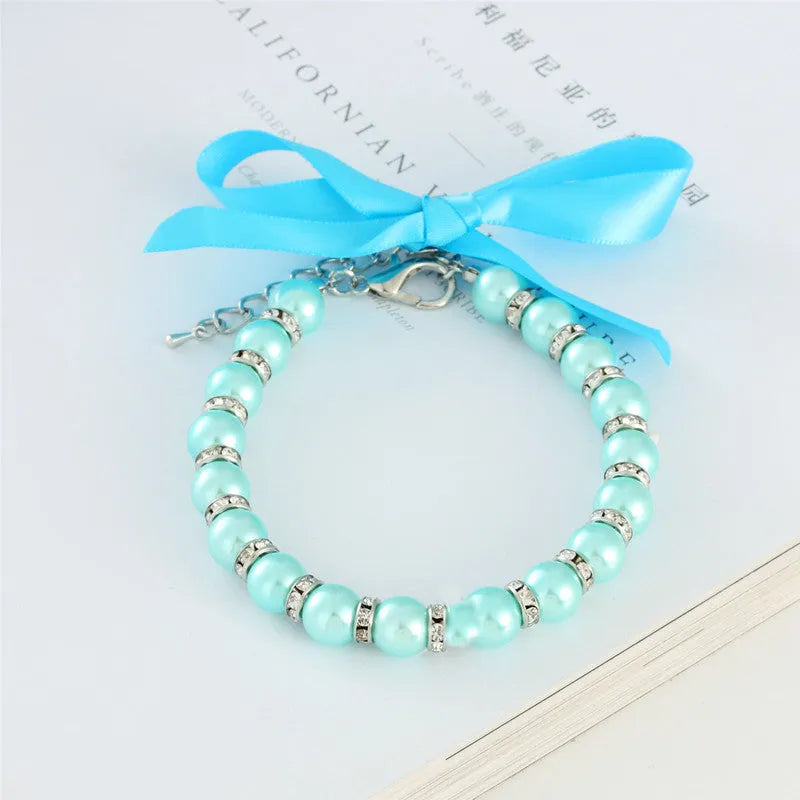 Adjustable small dog pearl necklace with imitation pearls and rhinestones on soft ribbon