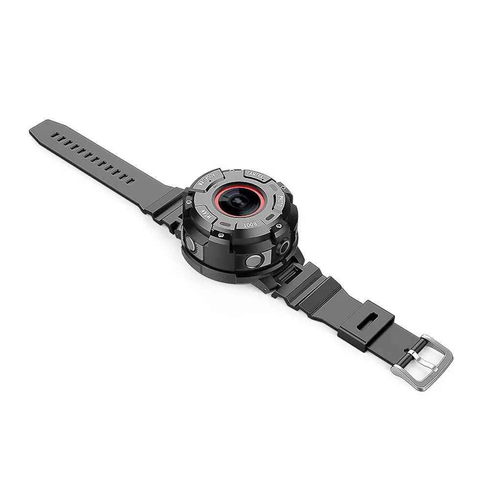 Black waterproof sports digital camera showing front view with dimensions.
