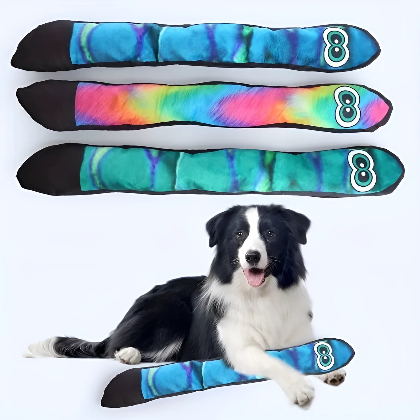 Multicolour snake-shaped plush dog squeaky toy with stripe print pattern