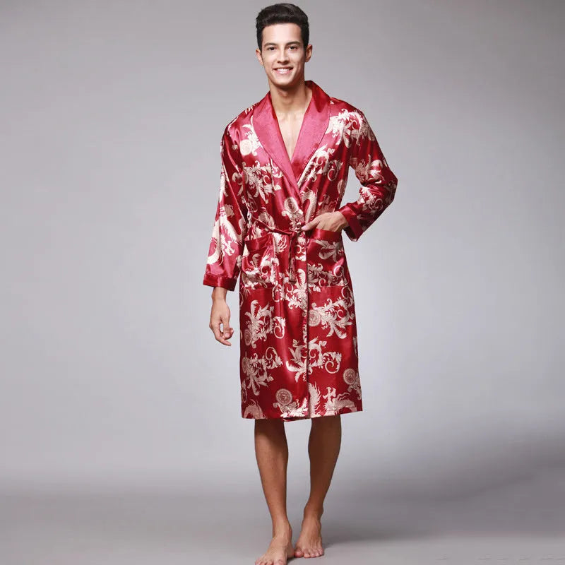 Men silk robe in wine red with V-neck and long sleeves, satin fabric with 95% modal, available in sizes L to 3XL