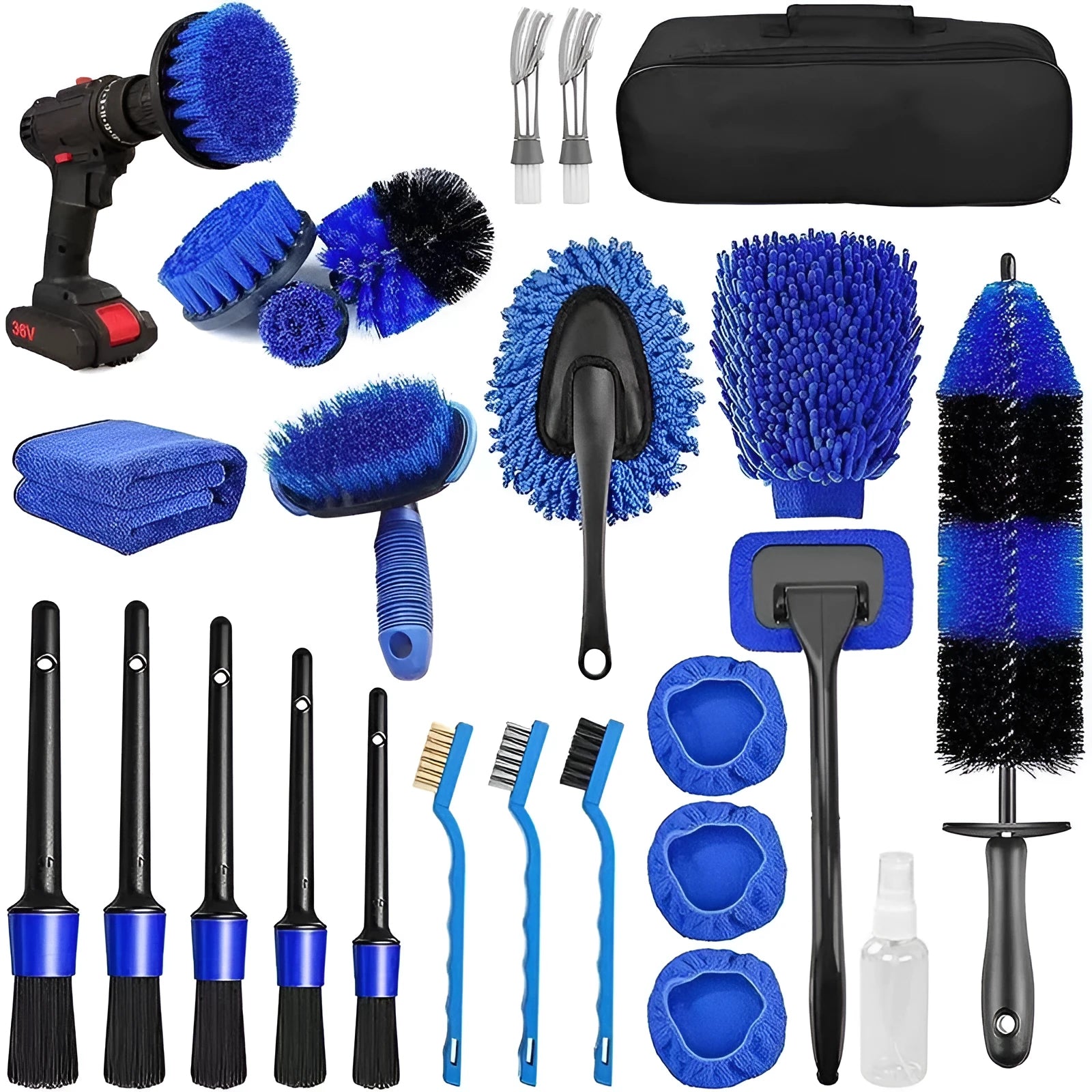 26-piece car wash brush set with tyre cleaning brushes and PP plastic handles.
