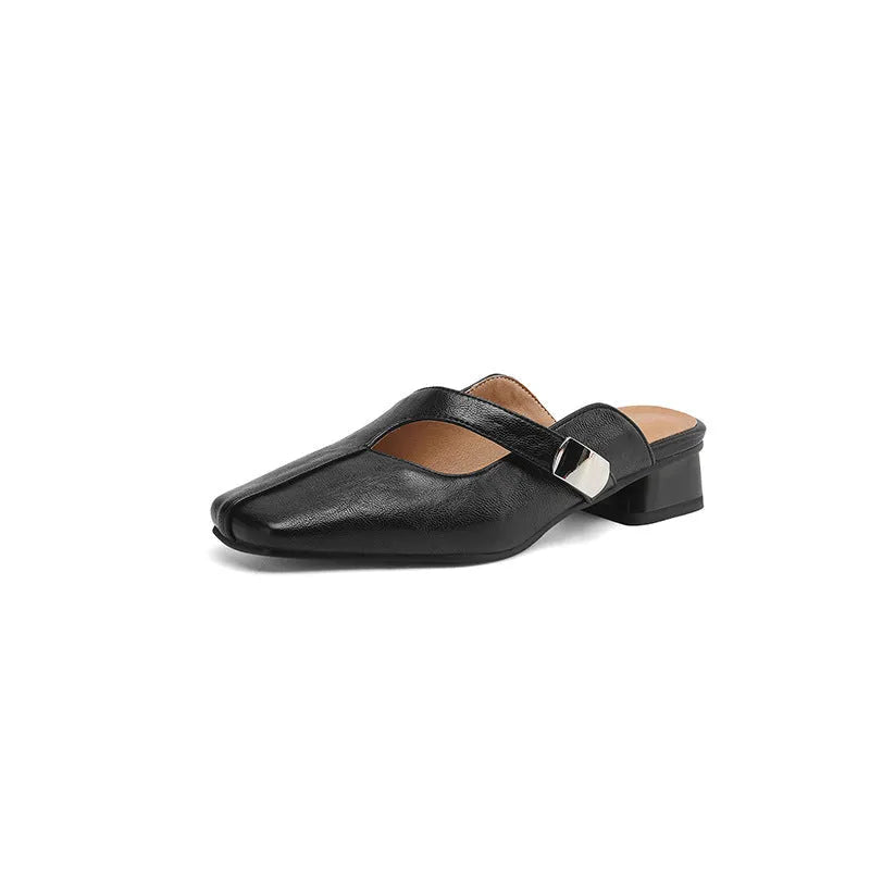 British style square head casual slippers in beige with an artificial PU upper and rubber sole.