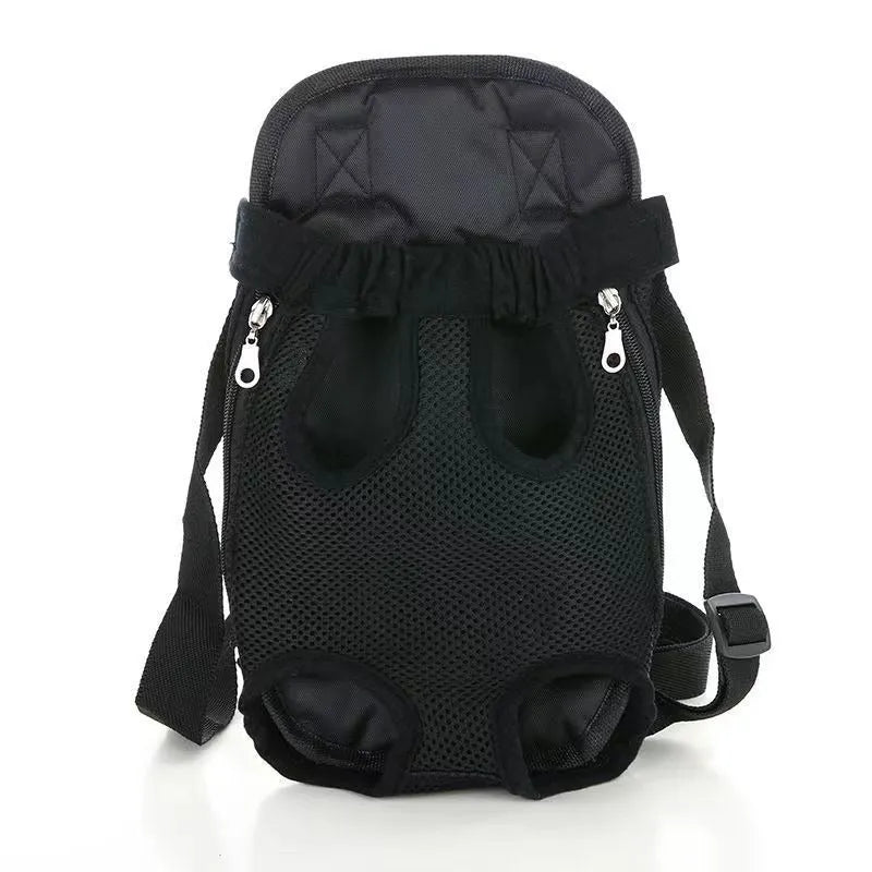Convertible dog carrier backpack worn on front with small dog inside, showing adjustable straps and breathable mesh panels