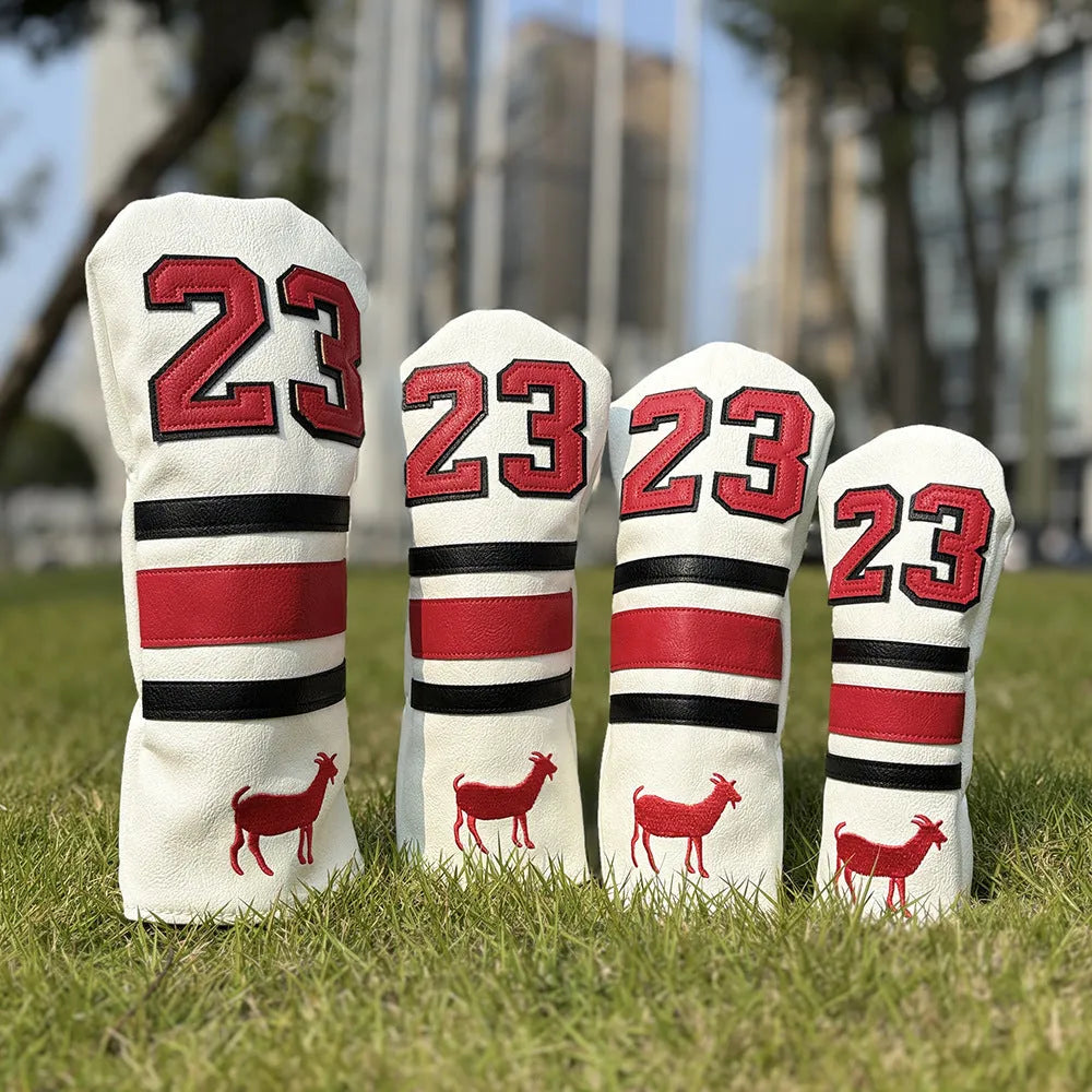 Set of four PU golf club head covers in a chosen colour for driver, fairway wood, UT iron, and Square putter.