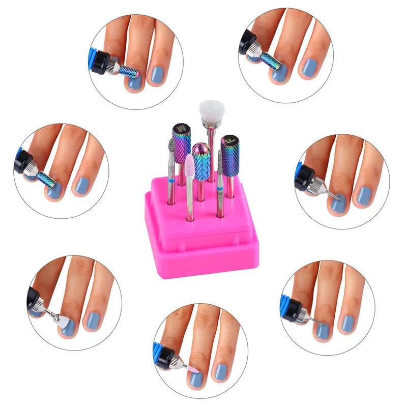 Tungsten steel nail drill polishing head set with 7 bits and a brush in a transparent case.