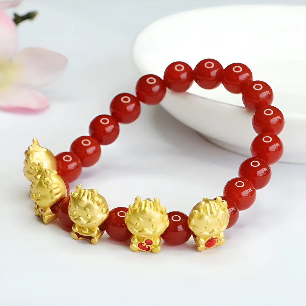Natural red agate bracelet with Five Blessing Dragon design measuring 8mm diameter