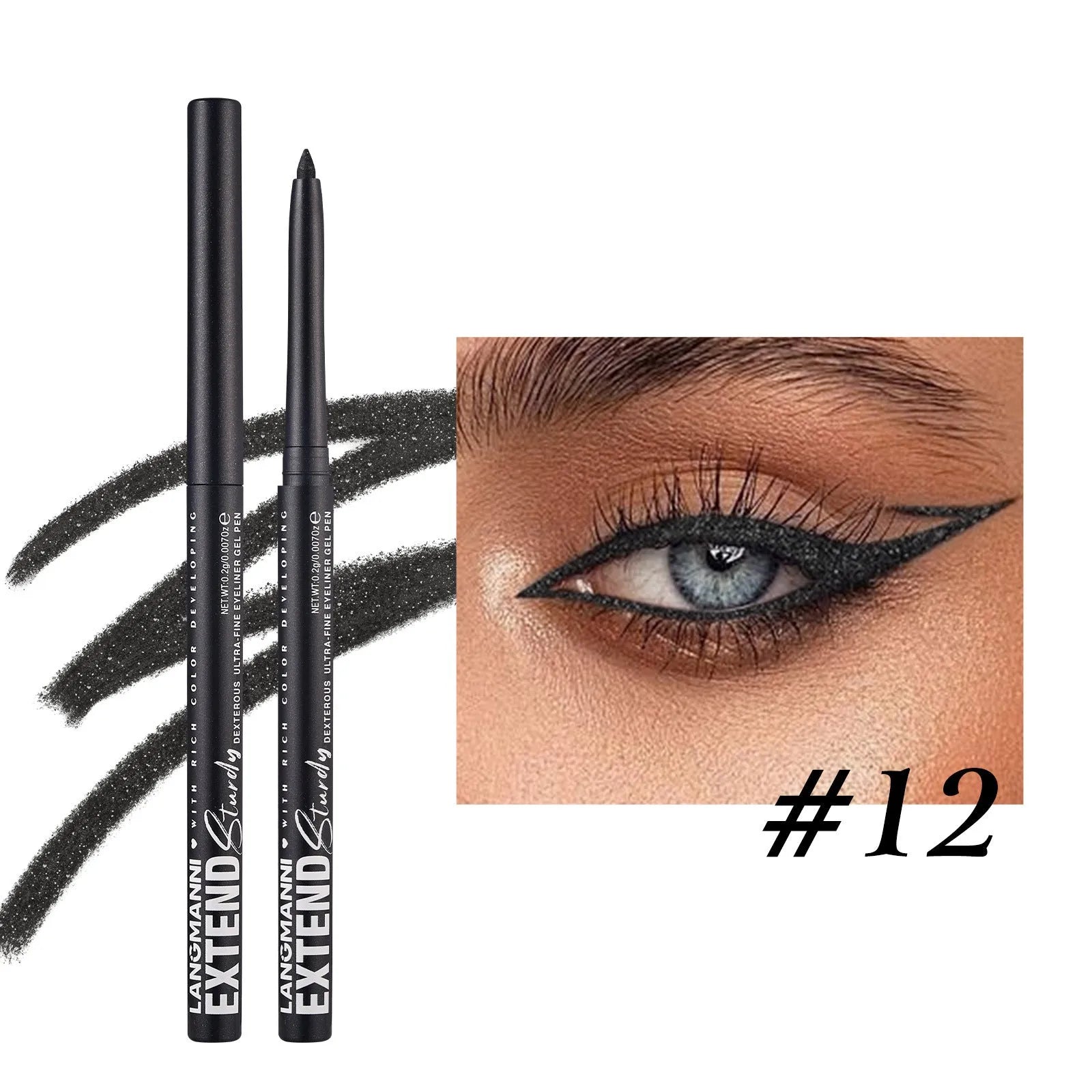 Set of 12 colourful gel glitter eyeliner pencils showing matte, glitter, metallic, and pearl effects