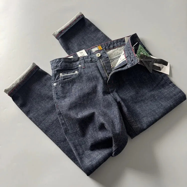 Men's straight leg denim trousers in primary colour with American retro style and mid-waist design