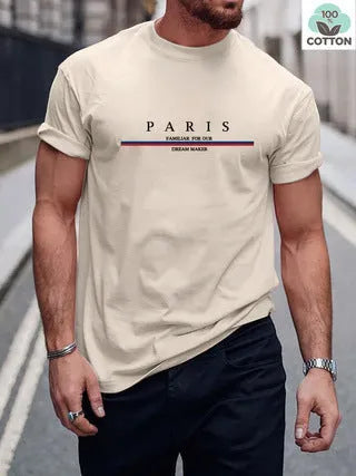 Men's white short-sleeved t-shirt with black letter print design on pure cotton fabric