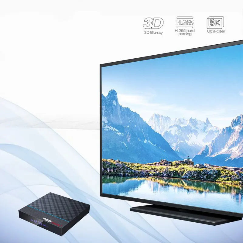 Black T95 Max Plus Android TV box unit with remote, showing UK power plug variant.