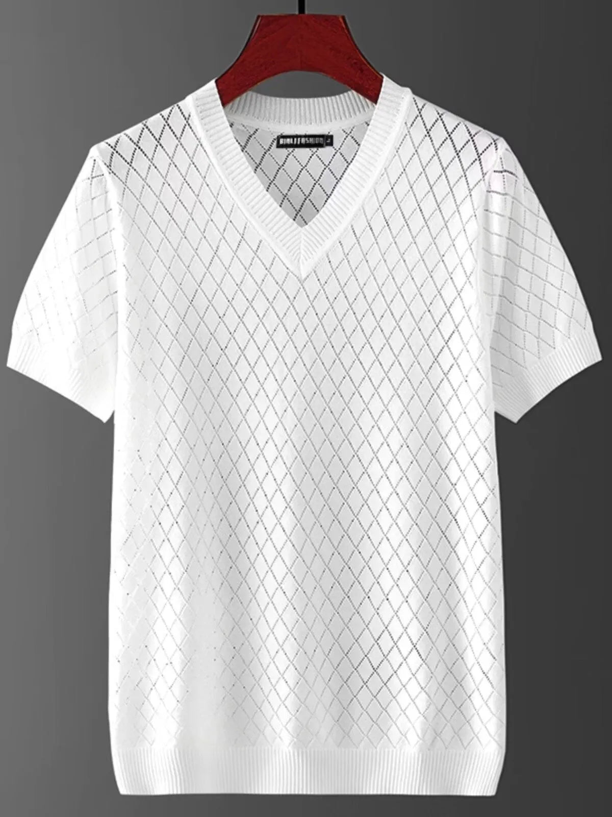 Men's ice silk cut-out T-shirt in black with V-neck design and short sleeves