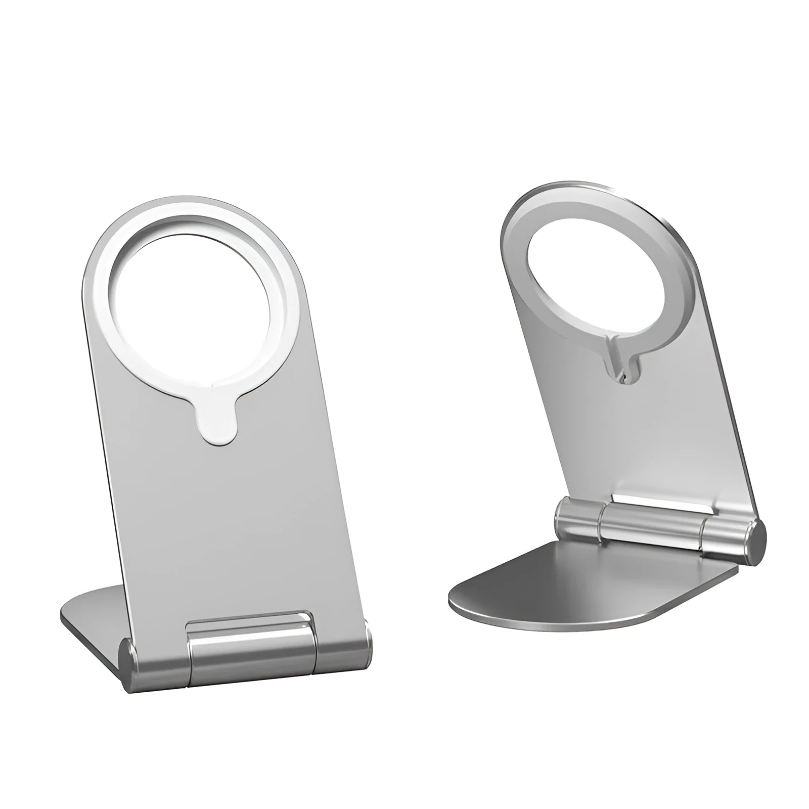 Silver aluminium alloy magnetic phone bracket for iPhone 12 showing adjustable vertical positioning
