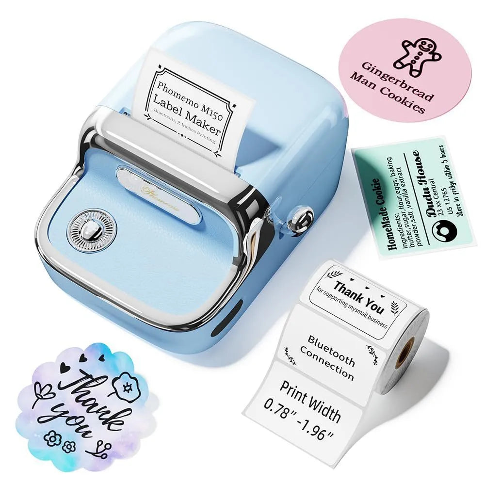 Portable handheld Bluetooth thermal label printer M150 in sky blue with compact design