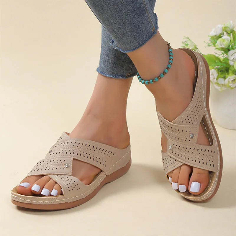 Womens low heel wedge sandals non slip PU beach shoes in offwhite colour with peep toe