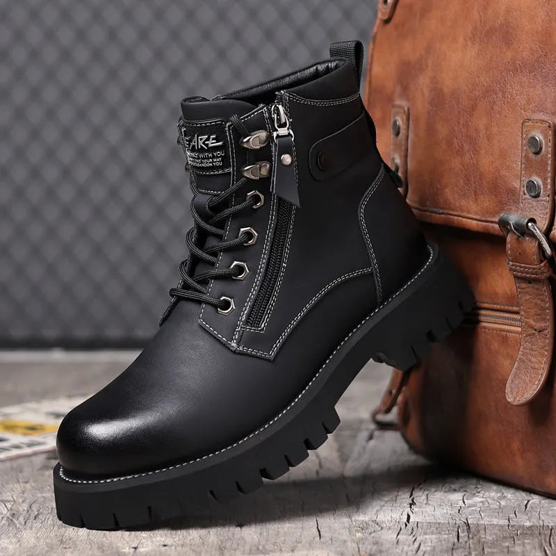 Men's brown leather high-top Martin boots with side zipper and mid heel for height increase