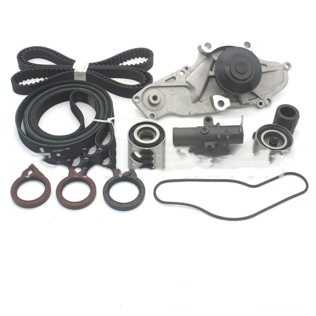 Belt and water pump assembly kit with metal automotive cooling system components