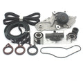 Belt and water pump assembly kit with metal automotive cooling system components