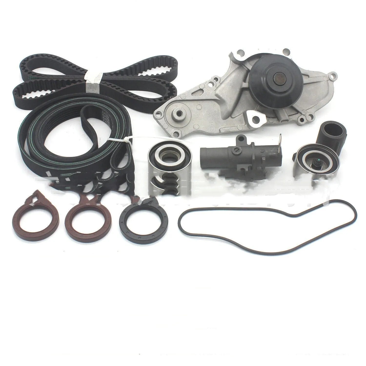 Belt and water pump assembly kit with metal automotive cooling system components