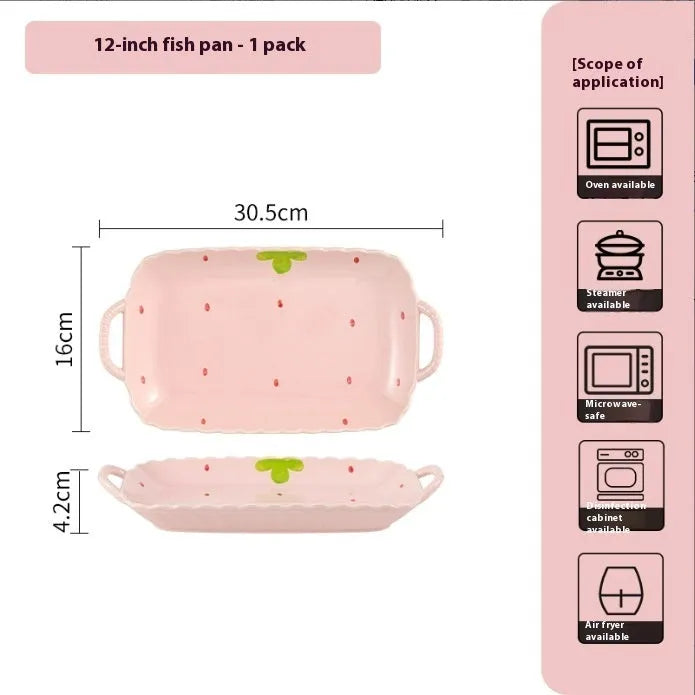 Strawberry pattern ceramic dinnerware set with flower bowls, straw hat plate, and twist spoon