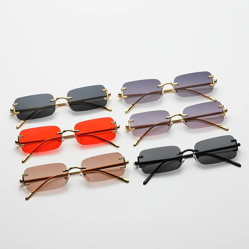Retro square frameless sunglasses with gold metal frame and black/grey AC lenses
