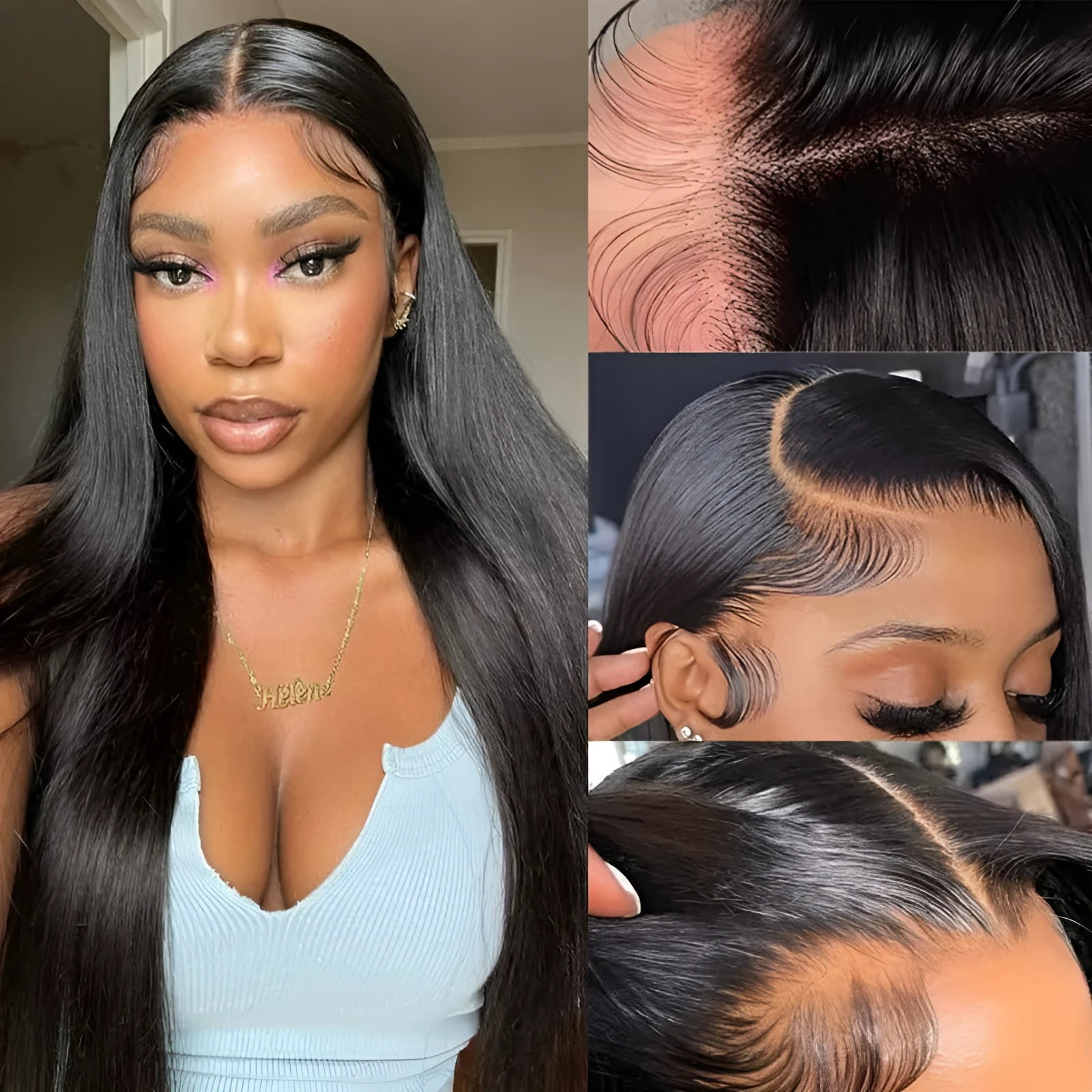 Black straight human hair lace front wig showing 13x6 inch base and long hair length