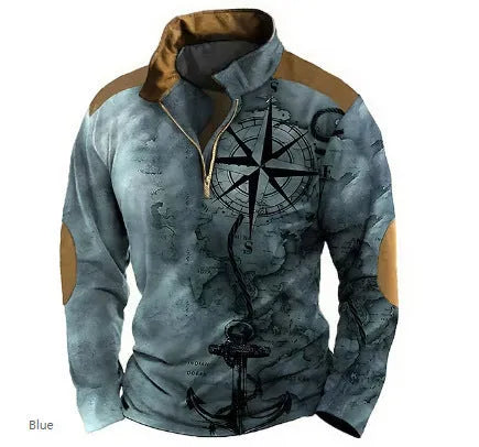 Men's loose fit long sleeve t-shirt with retro striped printing and zipper details