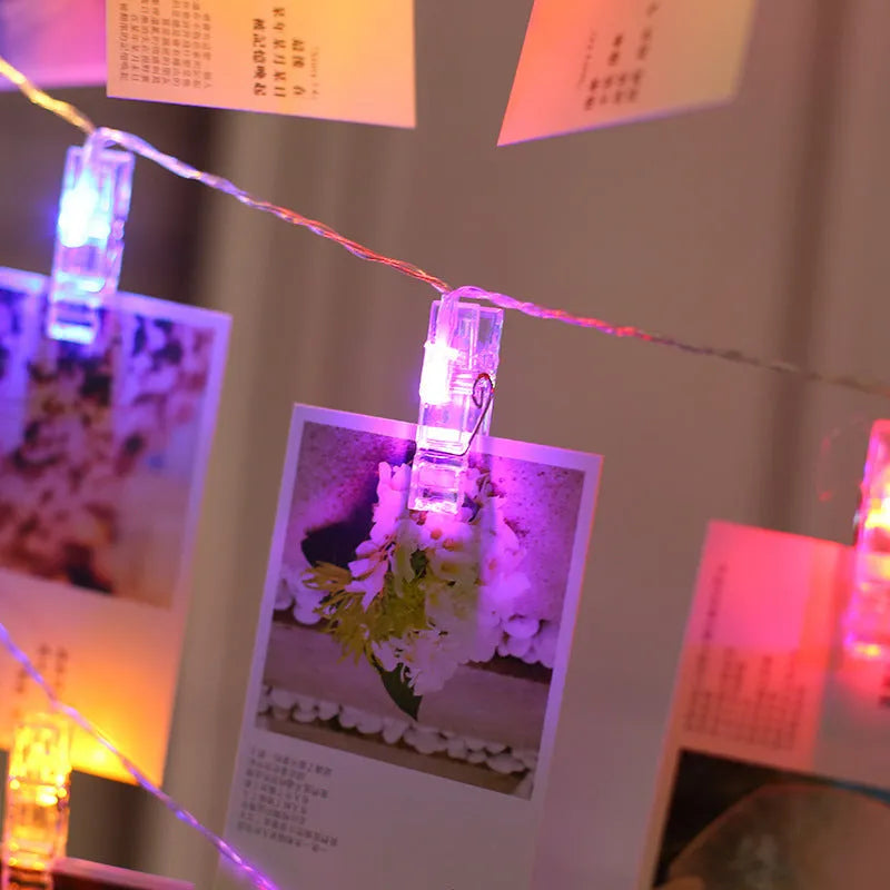 LED photo wall clip light string with heart-shaped clips, warm white lights, plastic construction, IP44 rated