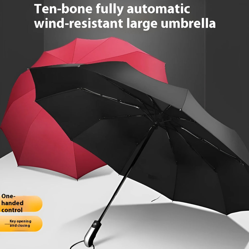 Triple folding black business umbrella with automatic opening mechanism and rubber handle