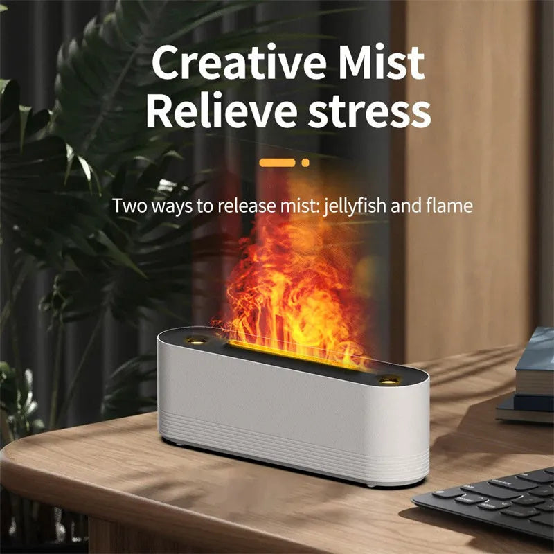 Black ultrasonic aroma diffuser with LED flame lighting emitting cool mist