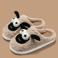 Brown, grey, and white suede and PVC slip-on slippers for indoor home use.