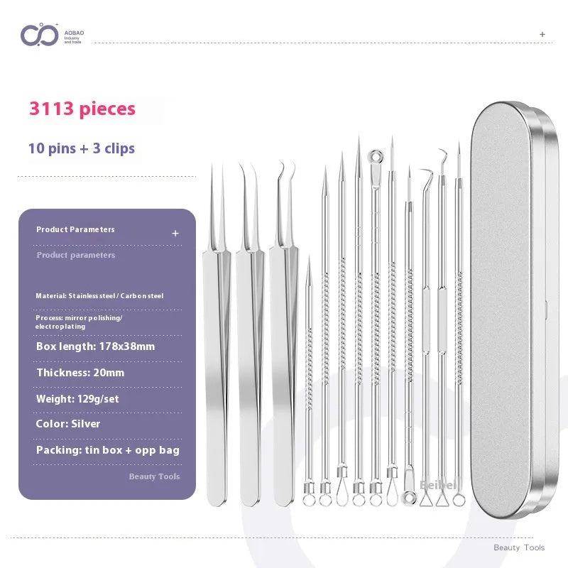 Four-piece silver metal acne needle set with fine-pointed needles and a clip for skin blemish removal.
