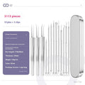 Four-piece silver metal acne needle set with fine-pointed needles and a clip for skin blemish removal.