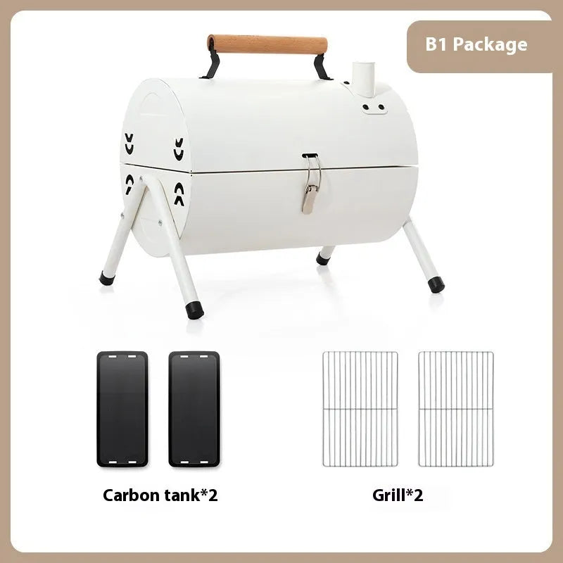 White portable charcoal grill with round chimney oven for frying and baking outdoor cooking