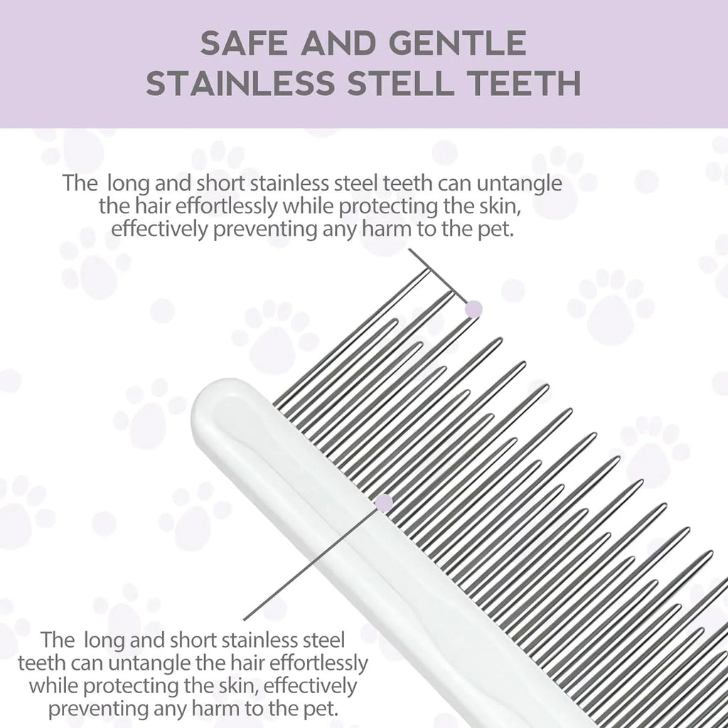 Purple handled pet comb with stainless steel teeth for detangling dog and cat fur.