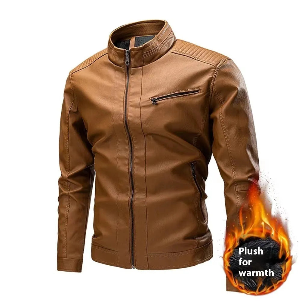 Men's PU leather motorcycle jacket in black with stitching, side pockets, and regular fit