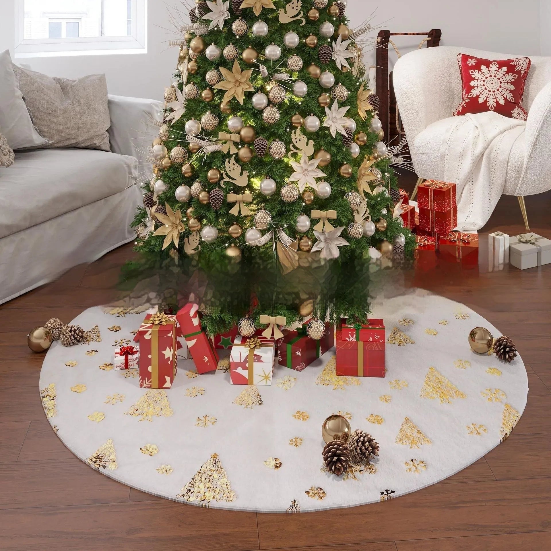 Plush Christmas tree style rug mat in red and green for festive floor decoration.