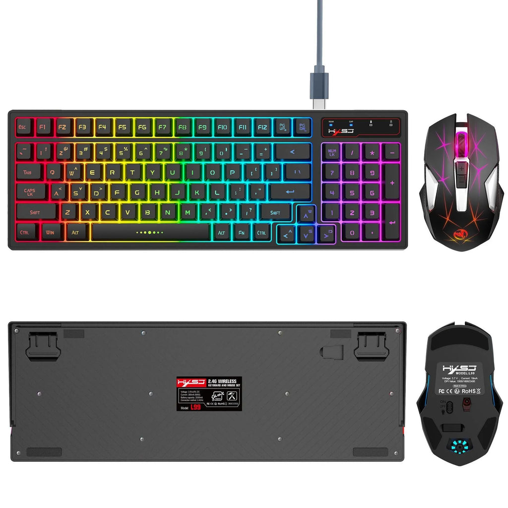 L99 wireless rechargeable 2.4G keyboard and mouse set with RGB glow, 96 ABS keys and Type-C charging cable