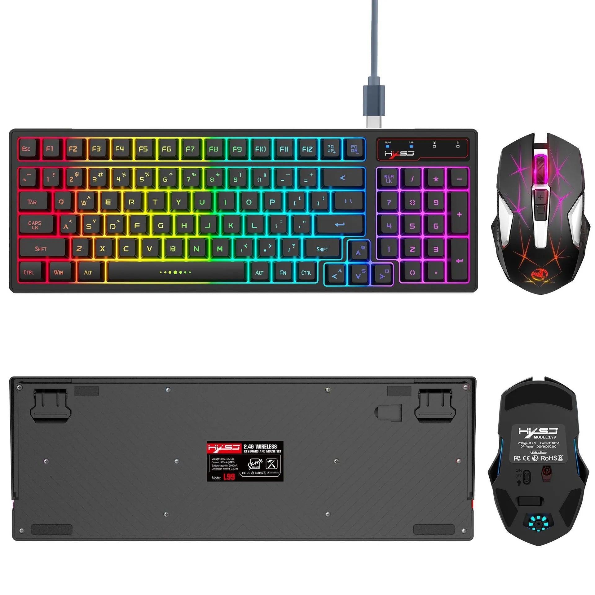 L99 wireless rechargeable 2.4G keyboard and mouse set with RGB glow, 96 ABS keys and Type-C charging cable