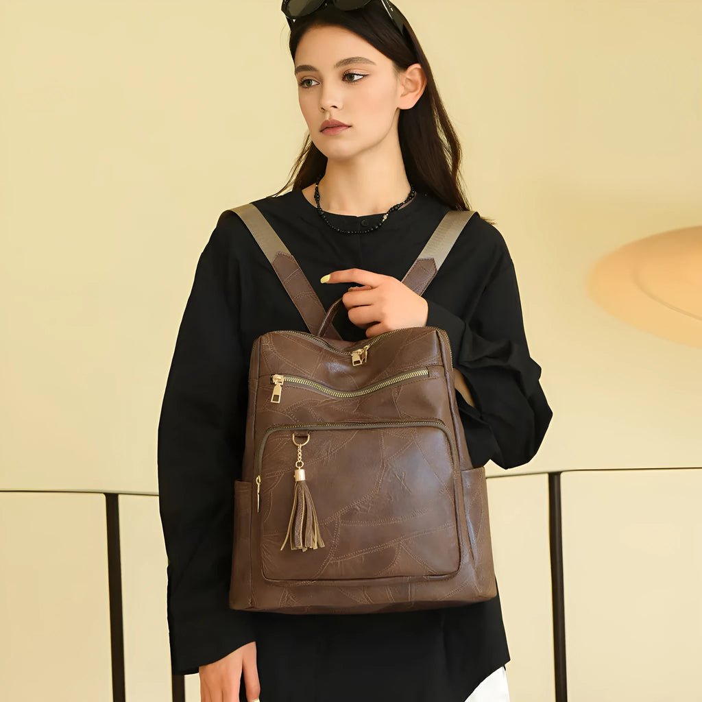 Women's large-capacity retro fashion backpack in white with plaid pattern and soft PU construction