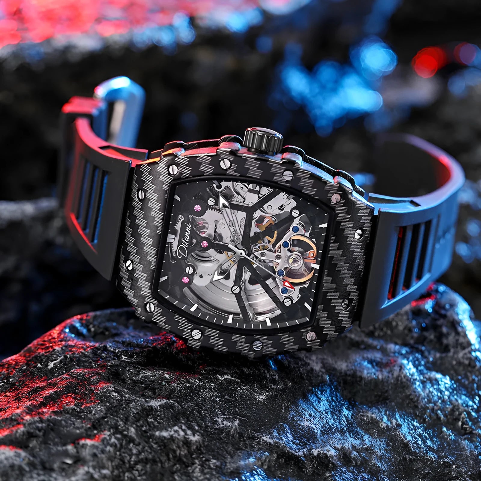 Mechanical waterproof men's watch with luminous display and rubber strap
