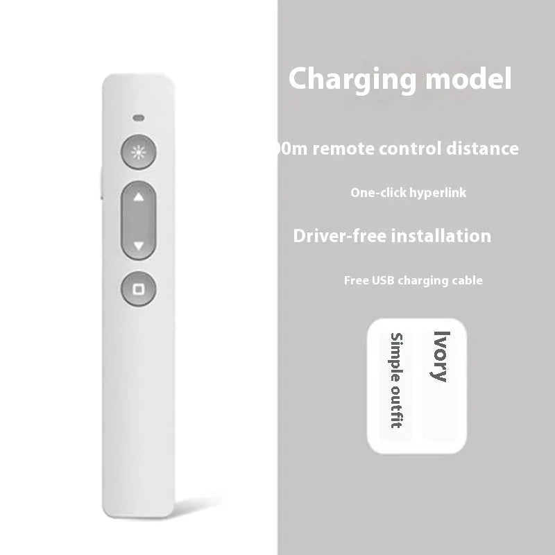 A whiteboard and presentation remote control pen in black, with a USB charging cable.