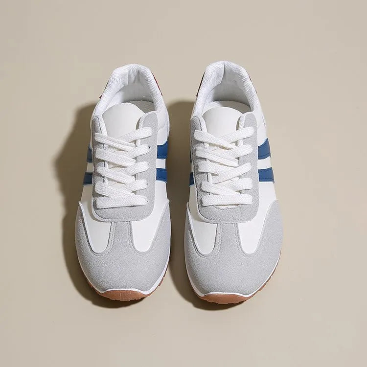 Blue and grey stripe sports shoes with rubber soles and round toe design
