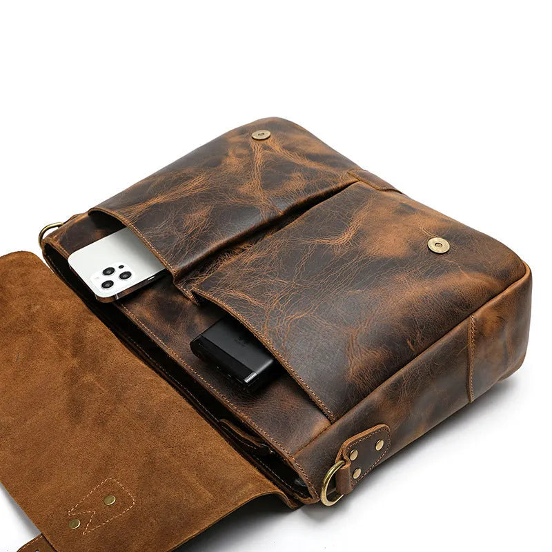 Leather portable mens briefcase satchel in light brown with soft handle and horizontal shape