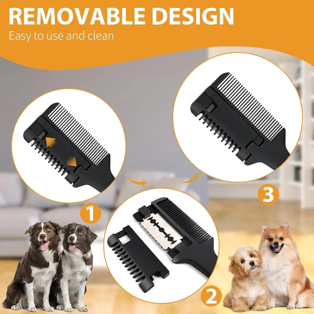 Pet grooming razor comb with comb and blade attachments plus 10 spare blades