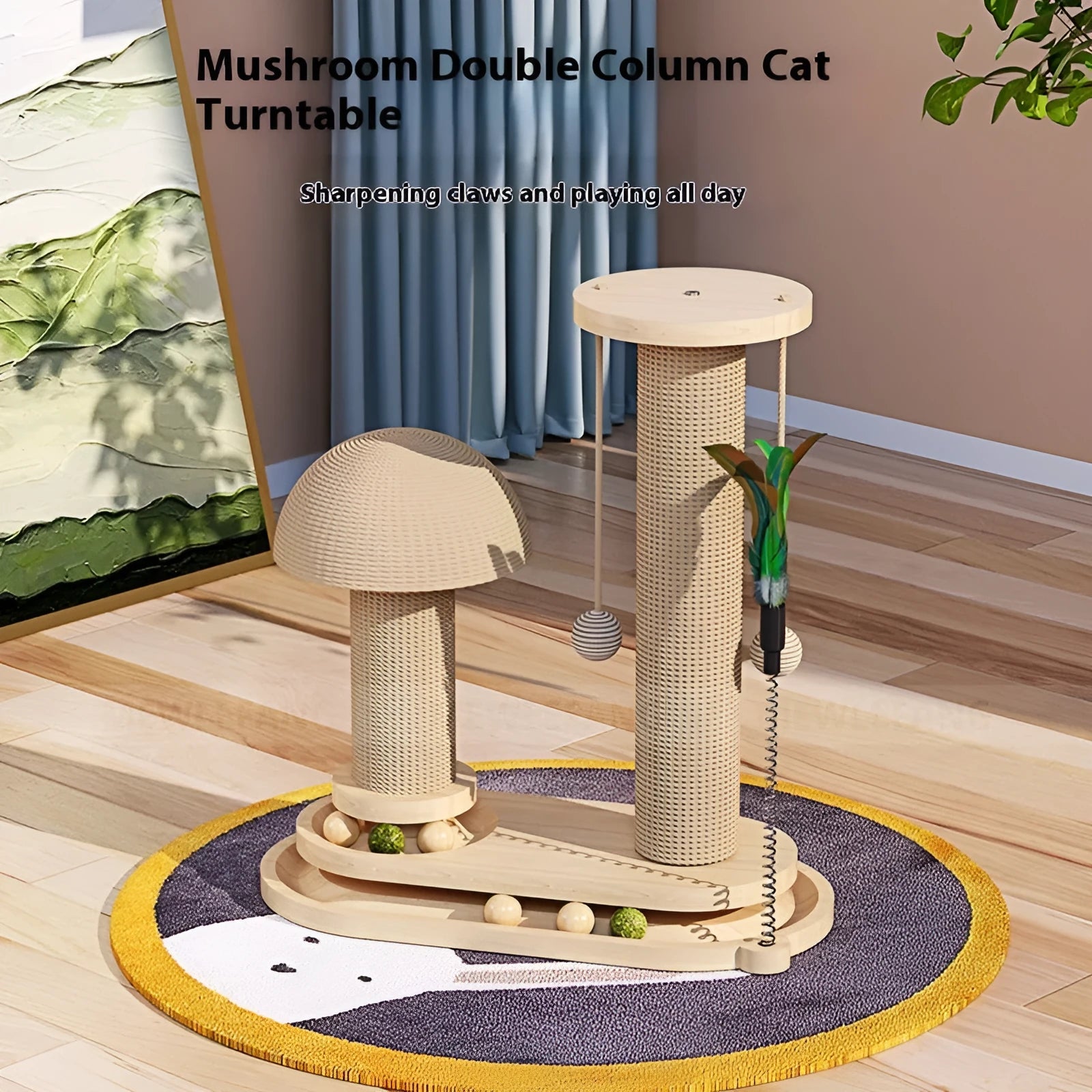 Solid wood cat scratching post with a central rotating turntable, shown in a natural wood finish.