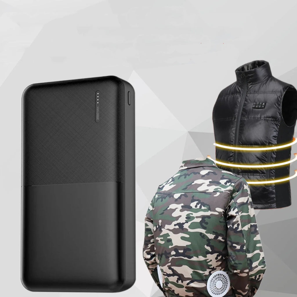 20000 mAh polymer lithium ion power bank with multi-USB ports, black plastic shell, 140x69x26mm