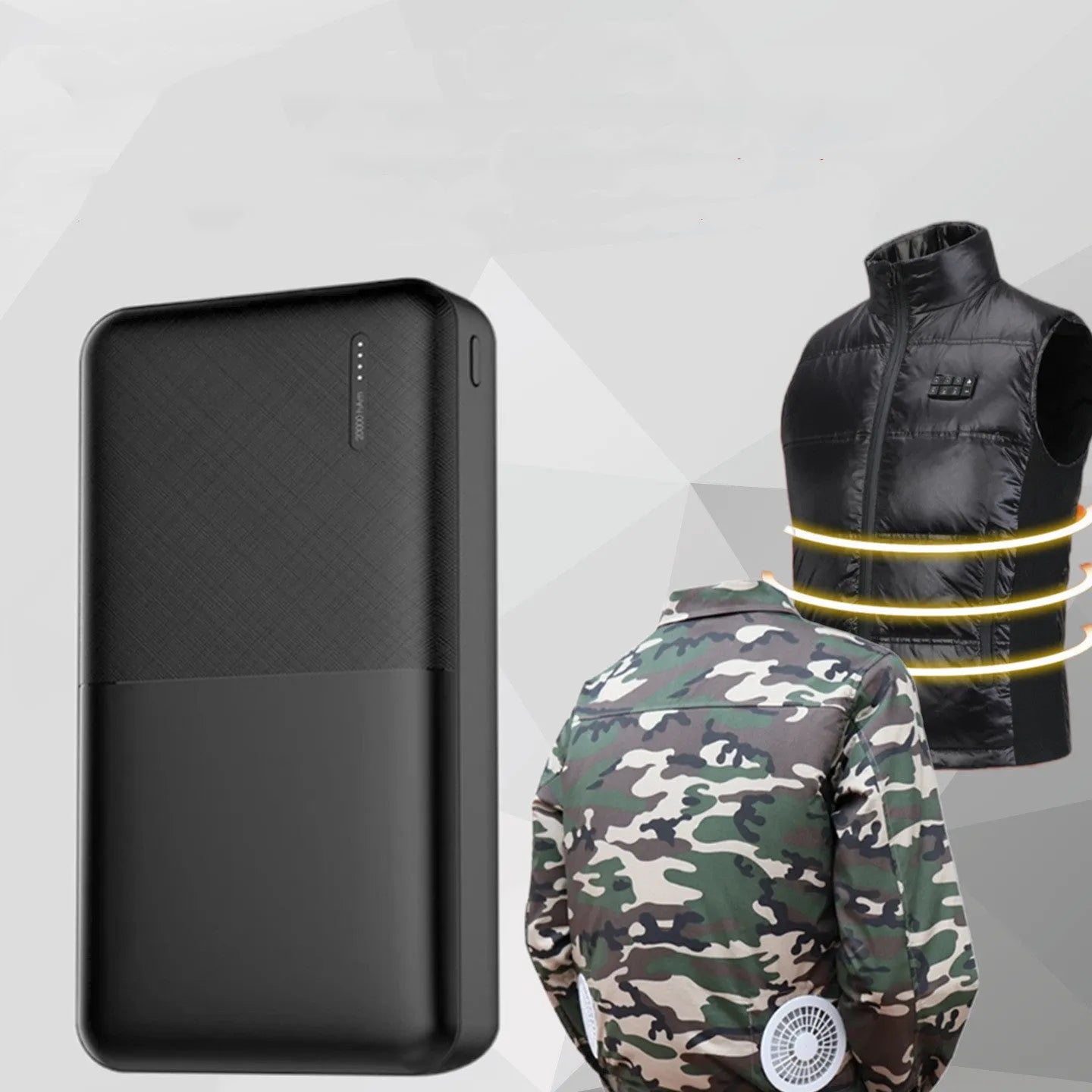 20000 mAh polymer lithium ion power bank with multi-USB ports, black plastic shell, 140x69x26mm