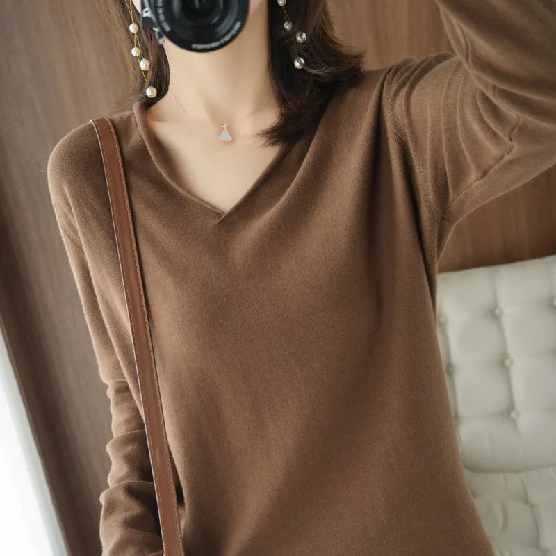 Women's V-neck long sleeve knitwear pullover top in turmeric colour with non-ironing process