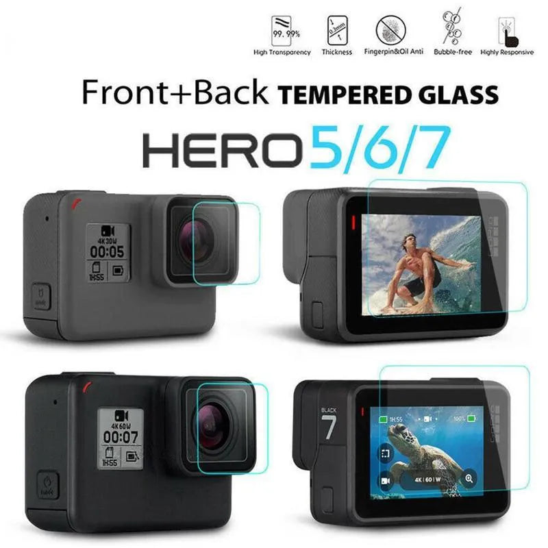 Transparent tempered glass screen and lens protector kit for GoPro Hero 5, 6, and 7 cameras